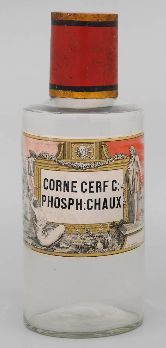 Exponat: Glasflasche Corne de Cerf calcinée, Phosphate de Chaux