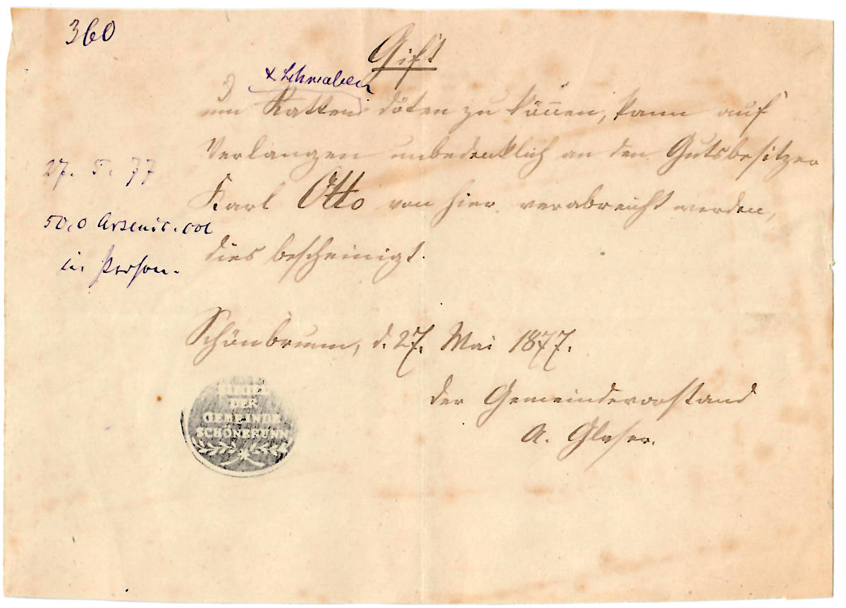 Erlaubnisschein zum Giftbezug 1877